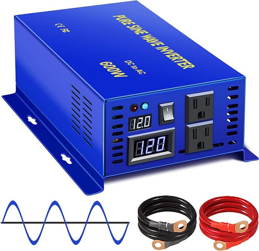 600W Pure Sine Wave Inverter 12v to 110v 120v Solar Power Inverter dc to ac Dual US Plug for Car (600W12V-cable)