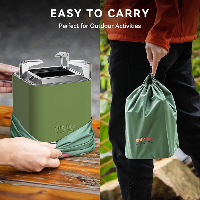 ONLYFIRE OUTDOOR LIVING 2-in-1 Smokeless Fire Pit with Pot Bracket & Carry Bag, Portable Camping Stove, Wood Burning Mini Tabletop Fireplace for Patio Backyard RV Tailgating, Green 7.8", #FP051