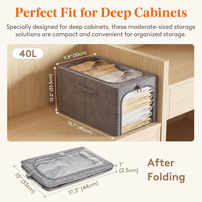 Lifewit Clothes Storage Bins with Metal Frame 6 Pack, Fabric Stackable Storage Bags with Lids, Zipper, Foldable Clost Organizers Containers for Clothing, Blanket, Winter Cloth, 40L
