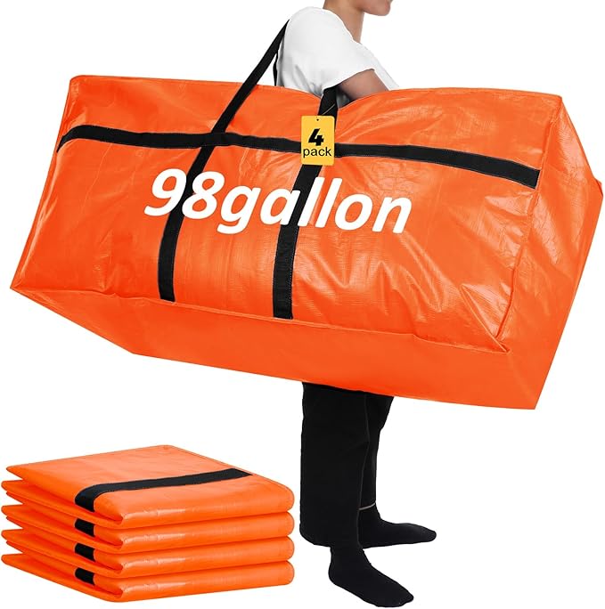 Windyun 4 Pack 98 Gallon Extra Large Storage Bags XXL Moving Bags with Zipper Handles Heavy Duty Jumbo Big Tote Box for Christmas Tree Storage 4, 5, 7.5, 9, 10, 12 ft Skeleton College Dorm(Orange)