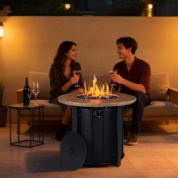 30 Inch Round Propane Fire Pit Table,50000 BTU Outdoor Fire Pit with Automatic Ignition & Lid Cover,Portable Iron Steel Firepit for Patio,Deck,Backyard Garden w Glass Stones & Rain Cover