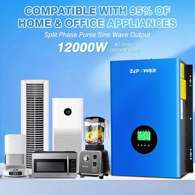 CAMINI 12000W 48V Hybrid Solar Inverter, 36000W Peak, 120/240V Split Phase Pure Sine Wave, UL1741 Certified, Built-in 2 MPPT Solar Charger, Low Frequency Off-Grid Inverter for Home & Business