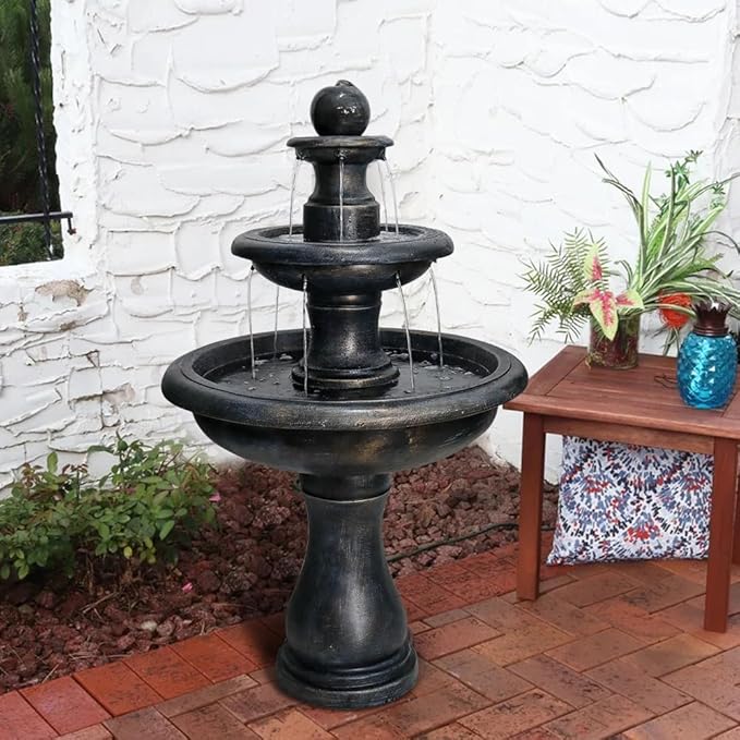 ourrco 45.2inches High Outdoor Water Fountain, Concrete Outdoor Waterfall Fountain with Pump for Yard Garden Patio Backyard Deck Relaxation Decor - Black