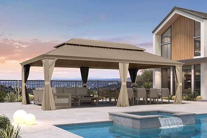 PURPLE LEAF Outdoor Gazebo 14'X24'，Champagne Hardtop Gazebo with Galvanized Steel Double Roof, Permanent Patio Gazebo with Curtains and Netting for Patio Lawn Garden and Deck