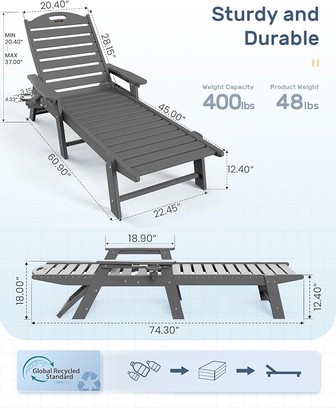 Ciokea Chaise Lounge for Outdoor, Patio Lounge Chairs for Outside, Chaise Lounge Chair with 6 Positions, HDPE Lounge Chair with Cup Holder for Pool Poolside Deck Backyard Lawn, Grey