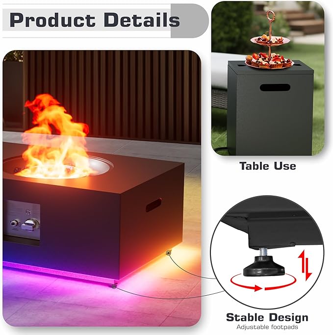 48 inch Propane Fire Pit Table LED, 2 in 1 Rectangular Outdoor Fire Pit with 20lb Tank Cover, Outside Patio Deck and Garden, Gas Fireplace Table with Lid and Stone, 50,000 BTU Adjustable Flame