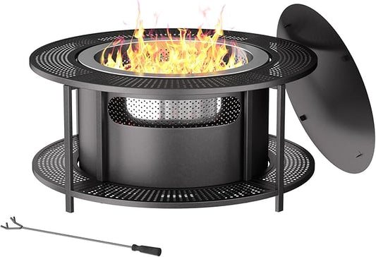 ALAULM 37 Inch Smokeless Fire Pit Tabletop, Stainless Steel Wood Burning Firepit for Outdoor Patio, Includes Weather-Resistant Cover