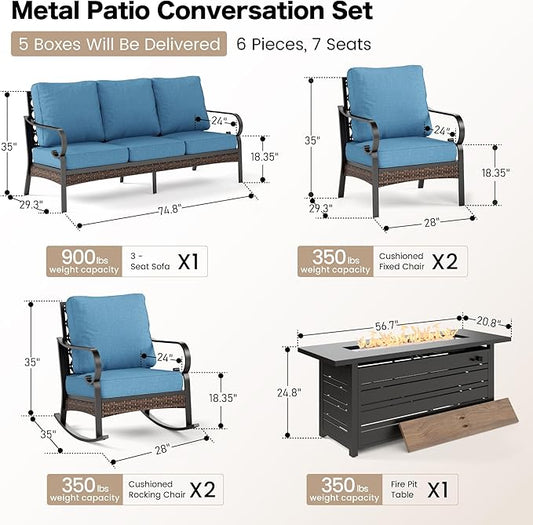 6 Piece Black Metal Outdoor Patio Furniture Sets with Firepit Table, Patio Conversation Sets 1 3-Seater Sofa, 2 Leg Sofa and 2 Rocking Sofa with 5.75" Cushion for Backyard Deck, Navy