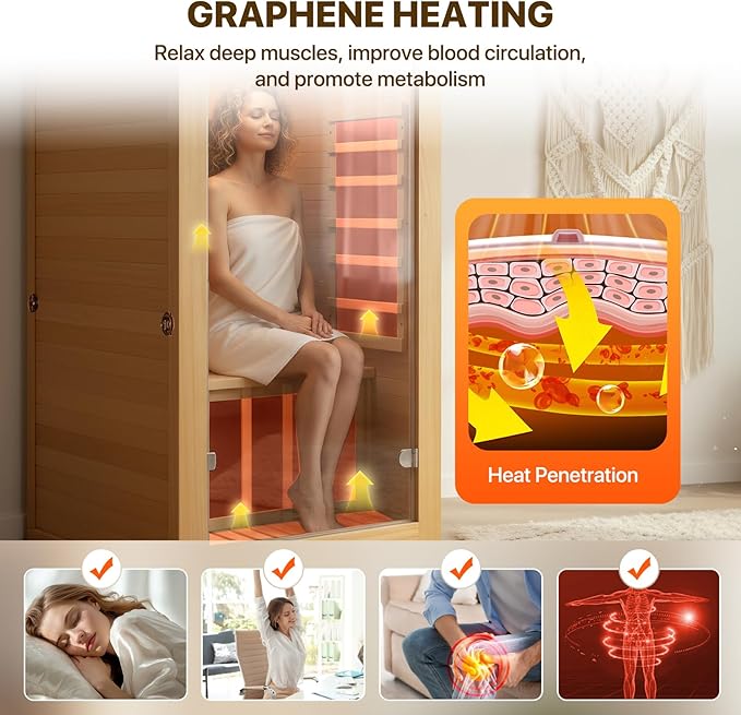 Infrared Sauna Room Indoor Saunas Home Obeche Wood 900W Low-EMF Dry Saunas Single Person Spa with 7 Color Light 32.3 * 28.3 * 61.4 inch