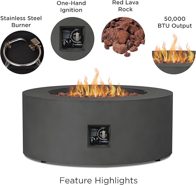 Real Flame Aegean 36" Round Propane or Natural Gas Fire Pit Table, 50,000 BTU, Powder-Coated Steel, Push-Button Ignition, CSA Certified, Lava Rock, Storage Cover, Stainless Steel Burner with Lid