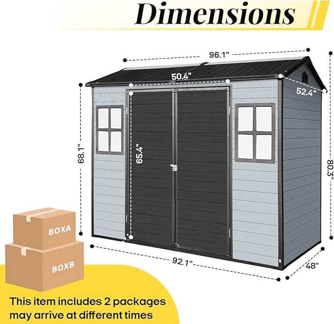 8x4ft Resin Outdoor Storage Shed with Floor and 2 Windows, Plastic Sheds & Outdoor Storage Clearance for Patio Furniture, GardenTools, Lawn Mower and Bike Accessories, Black+Grey