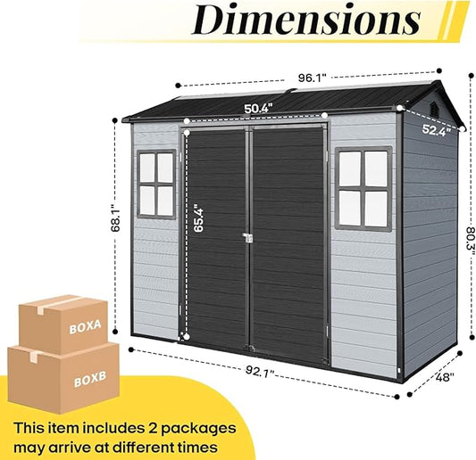 8x4ft Resin Outdoor Storage Shed with Floor and 2 Windows, Plastic Sheds & Outdoor Storage Clearance for Patio Furniture, GardenTools, Lawn Mower and Bike Accessories, Black+Grey
