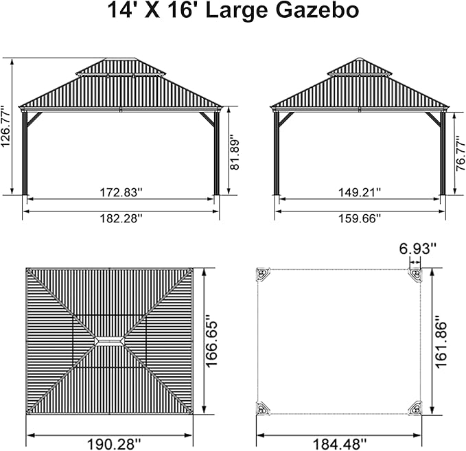 PURPLE LEAF Outdoor Gazebo 14'X16'，Champagne Hardtop Gazebo with Galvanized Steel Double Roof, Permanent Patio Gazebo with Curtains and Netting for Patio Lawn Garden and Deck
