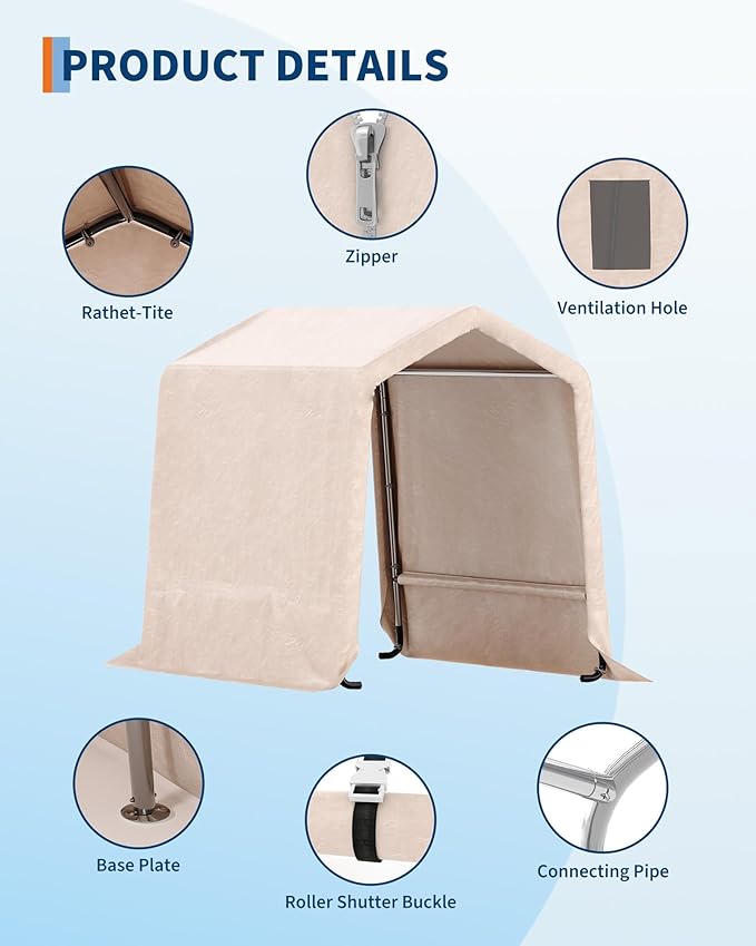  6X6 FT Heavy-Duty Portable Outdoor Storage Shed with Roll-Up Zipper Door & Vent, 240g Waterproof Carport Storage Shelter, UV-Resistant Canopy for Motorcycle, Firewood, Tools -Gray ﻿