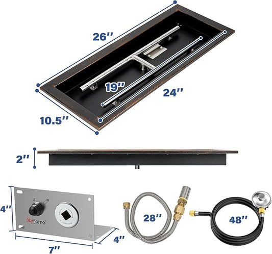 Skyflame 24 x 8 Inch Rectangular Fire Pit Pan Kit, Black Drop-in Fire Pit Pan and Burner, Come with Spark Ignition and Propane Hose, Indoor/Outdoor Fire Table DIY Decorative