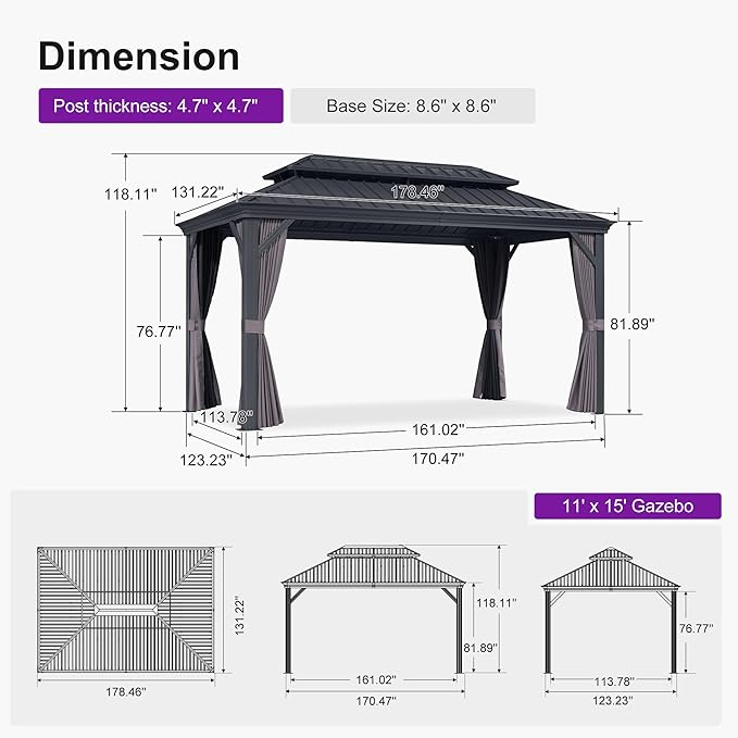 PURPLE LEAF 11' X 15' Hardtop Gazebo Aluminum Gazebo with Galvanized Steel Double Roof for Patio Lawn and Garden Curtains and Netting Included Grey
