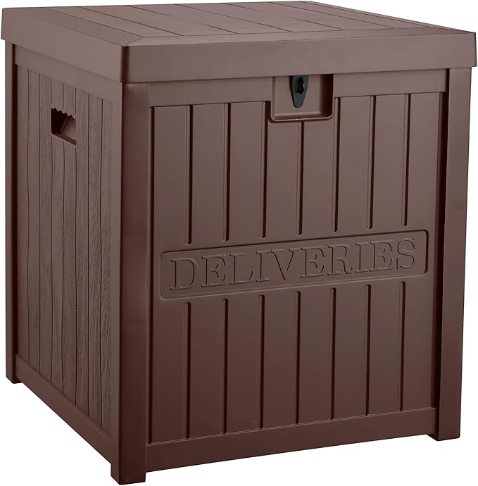 51 Gallon Resin Package Bin for Outside, Secure Lockable Package Box for Front Porch, Large Outdoor Waterproof Deck Box, Brown