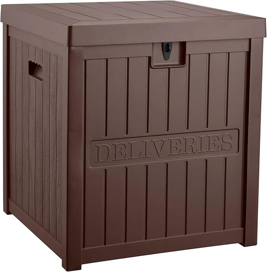 51 Gallon Resin Package Bin for Outside, Secure Lockable Package Box for Front Porch, Large Outdoor Waterproof Deck Box, Brown