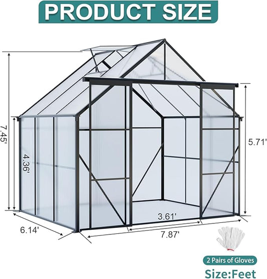 KEIKI 8x6 FT Double Door Upgrade Polycarbonate Greenhouse with Aluminum Frame,Raised Base and Roof Vent,Walk-in Greenhouses for Patio Garden