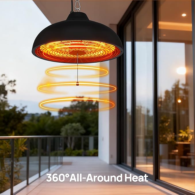 Hanging Patio Heater, Ceiling Mounted, Electric Patio Heater, Built in Temperature Control, Suit for Outdoor/Indoor, Greenhouse, 600W/900W/1500W, Black