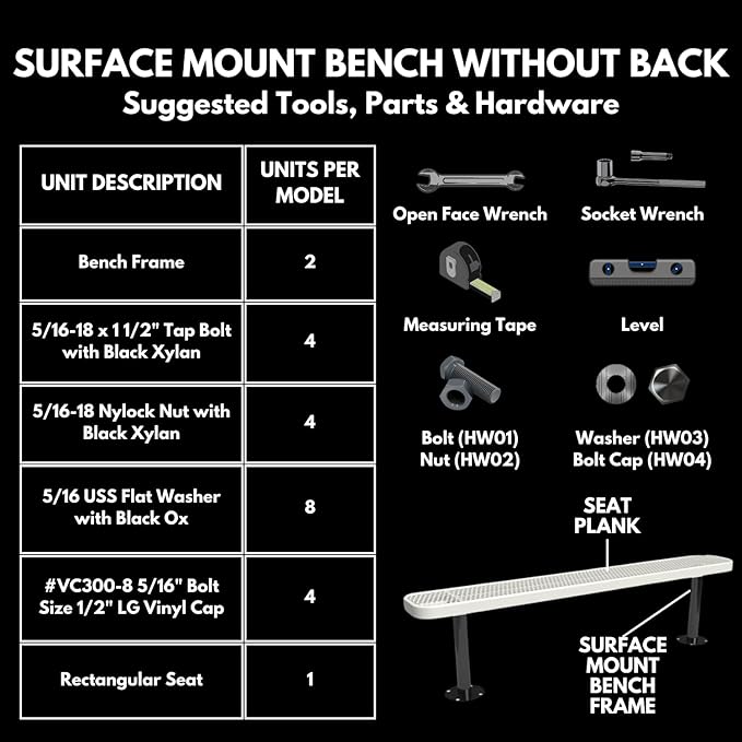 COATEDOUTDOORFURNITURE Coated Outdoor Furniture Heavy-Duty Outdoor Bench Thermoplastic Coated, Punched Steel, Commercial-Grade Seating, Made in America (Surface Without Back, 8 Ft, Textured Black)