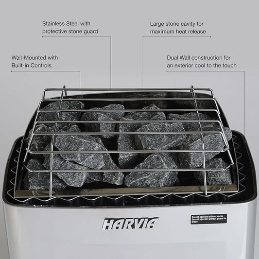 Harvia KIP Sauna Heater, Wall Mounted Electric Sauna Stove, Stainless Steel 220v Heater with Sauna Stones Included, Large Stone Cavity for Maximum Heat Release (8kW - Dials)