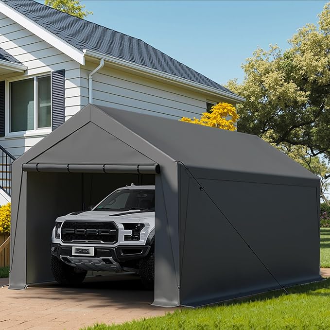 Carport Canopy 10x20 Heavy Duty, Portable Carport Garage with Removable Sidewalls and Door, Car Port with Waterproof Canopy for All Season (Gray)