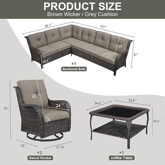 Belord Outdoor Furniture Sectional Sofa L Shaped Couch - Patio Wicker Set with 2 Swivel Glider Chairs, 5 Piece Rattan Patio Conversation Sets with Gray Cushion for Deck Backyard Sunroom