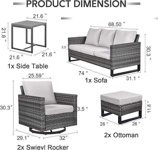 6 Piece Wicker Patio Furniture Set - Outdoor Swivel Rocker Chairs Set with Side Table, 3 Seat Sofa and Ottomans, Small Patio Conversation Sets Proch Furniture for Balcony Deck - Grey/Beige