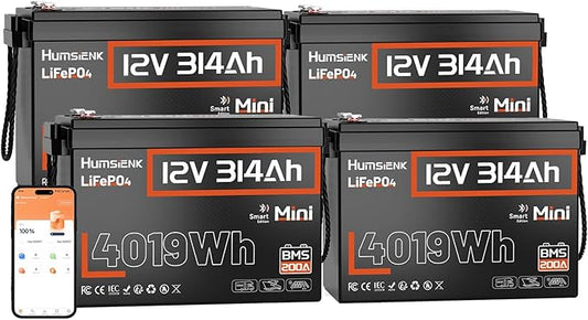48V 314Ah (4 Pack 12V 314Ah) LiFePO4 Lithium Battery Max. 4019Wh Energy, 15000+ Deep Cycles,200A BMS with Bluetooth, Lithium Iron Phosphate Rechargeable Battery Great for RV, Marine and Off Grid