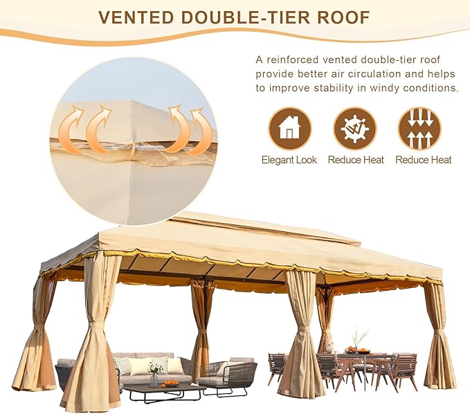 MELLCOM 10x20 Kahaki Outdoor Canopy Gazebo, Double Roof Patio Pergolas Steel Frame with Netting and Shade Curtains for Garden,Patio,Party Canopy