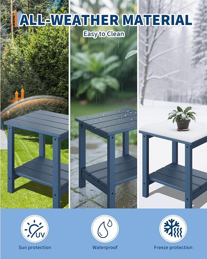 GarveeLife Adirondack Outdoor Side Table 18 x 15 in, HDPE 2-Tier Patio Side Tables for Outside, All-Weather End Table for Patio Pool Deck Indoor Backyard, Navy Blue