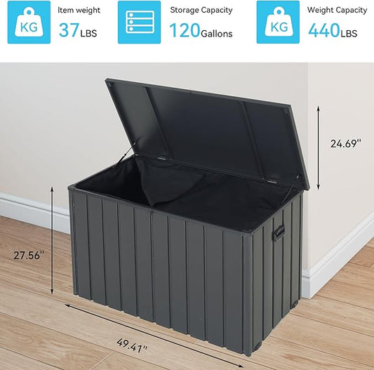 Outdoor Storage Box, 120 Gallon Metal Deck Box Built-in a Oxford Fabric Storage Bag, Lockable & Waterproof Outside Patio Storage Box for Cushions, Pillows, Pool Floats- Grey