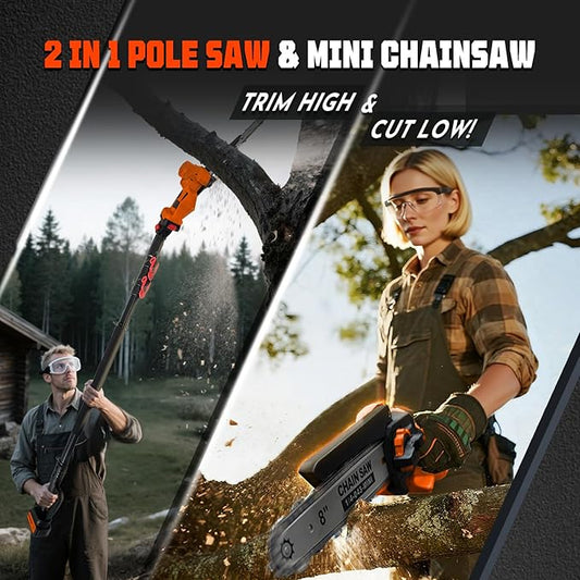 Autubin 8'' Electric Pole Saws for Tree Trimming, Cordless 2-in-1 Pole Saw & Mini Chainsaw with Extension Pole, Battery Powered with 2x4.0Ah Batteries and Charger, Max 16FT Reach for Pruning