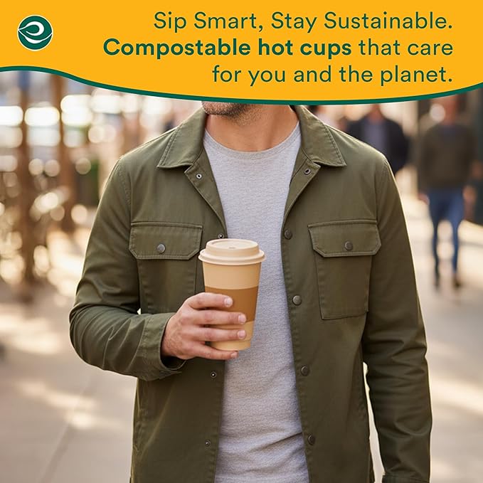 ECO SOUL 100% Compostable Coffee Cups With Lids & Sleeves - To Go Coffee Disposable Bagasse Cups |Sturdy & Eco-Friendly Cups for Cafes, Party, Office (50, 16 Oz)