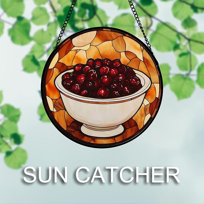 AMDERVEN Stained Glass Window Hanging 4 Pcs Set Brown Turkey Berry Corn 7.8" - Suncatcher Door Garden Sun Catcher Decor Birthday Thanksgiving Mother's Day for Mom Woman Nana Men