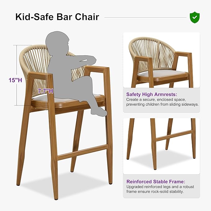 PURPLE LEAF Outdoor Barstools Set of 2 Wicker Bar Stools Woven Bar Height Stool Bar Chairs Aluminum Bar Stools with Back for Patio Island Lawn Kitchen Teak