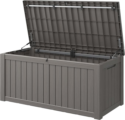 Outdoor Storage Box, 120 Gallon Deck Box, Resin Waterproof Outside Storage Bench, Outdoor Storage Cabinet With Lockable Lid, Backyard Deck Box For Garden Tools, Patio Cushions, Pool Accessories