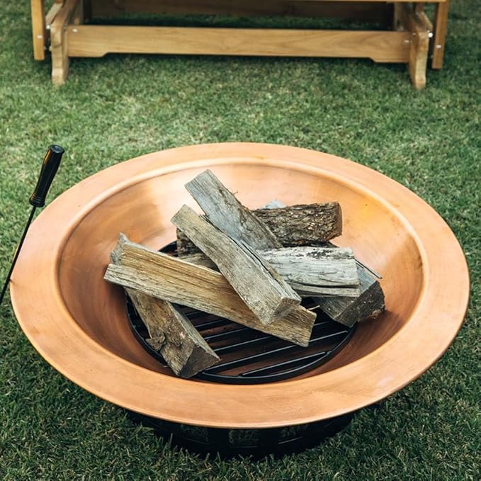 Ash & Ember 40" Copper Outdoor Fire Pit with Solid Steel Base, Grate and Fire Iron Tool Included, Perfect for Backyard Fires and Gatherings