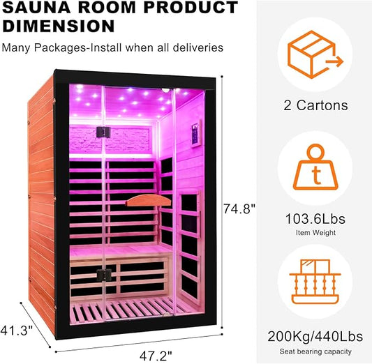Infrared Home Sauna Room 2 Person Hemlock Sauna with 2000W /110V Heaters 8 Panels, Tempered Glass Design, Red Light Therapy, Bluetooth Music Player for Indoor & Outdoor Use, LED Rainbow Lights