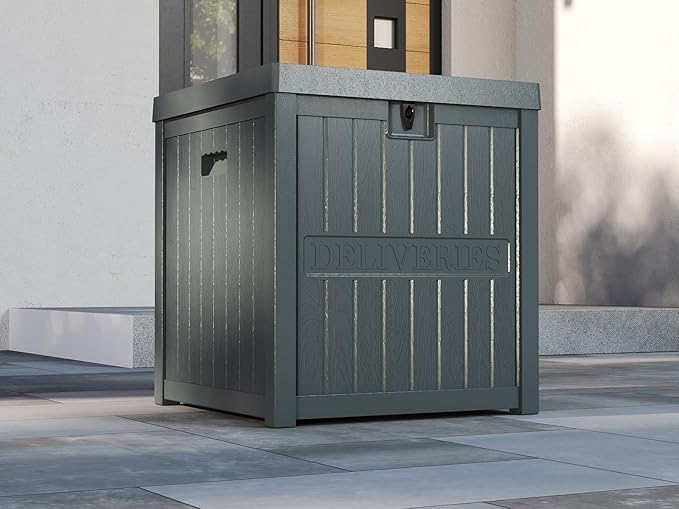 51 Gallon Resin Package Delivery Box for Outside, Lockable Secure Bin for Front Porch, Large Deck Boxes Outdoor Waterproof, Driver Snack Box, Grey