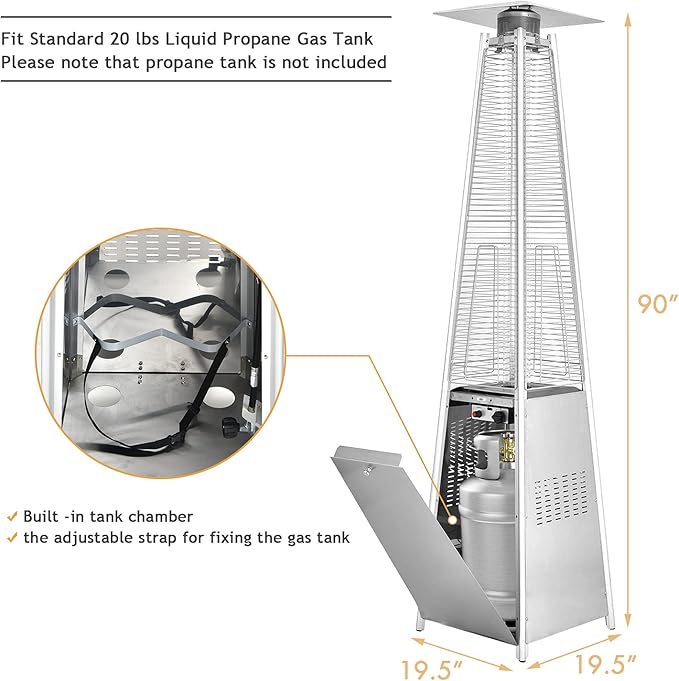 Tangkula 90-inch Outdoor Patio Heater, 42000 BTU Portable Outdoor Pyramid Propane Heater with Wheels, Quartz Glass Tube, Auto Shut Off Protection for Backyard, Garden