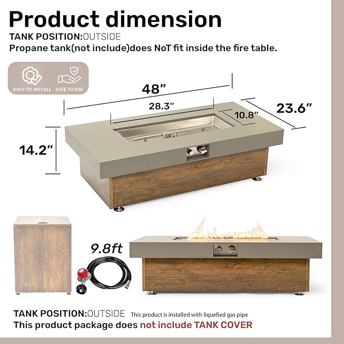 48" Propane Fire Pit,Outdoor Gas Fire Pit Table with Rain Cover,Rectangular Heater for Patio, Backyard, Deck,50,000BTU Outdoor Modern Patio Fire Pit. (Retro Wood, 48" x 23.6")