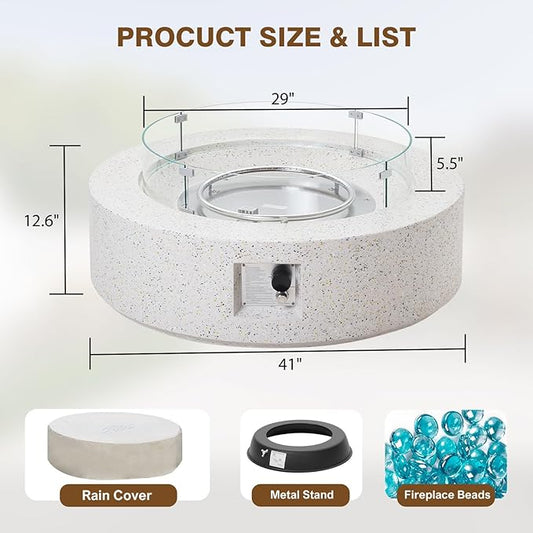 2-Piece Outdoor Propane Fire Pit Table Set – Premium Terrazzo-Like MgO Finish, Round Gas Fire Table with Glass Wind Guard for Patio, Garden & Backyard, Includes Rain Cover & Glass Beads