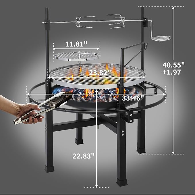 VINGLI 33 Inch Outdoor Fire Pit with 2 Grills, Wood Burning Firepit with Swivel Cooking Grate, Removable Swivel Grill for Backyard Patio Outside Picnic BBQ