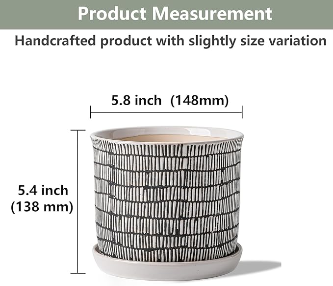 5.8 Inch Plant Pot: Ceramic Planter with Drainage Hole & Saucer - Cylinder Flowerpot for Indoor & Outdoor Plants - with Separate Tray for Home & Office - Striped Design