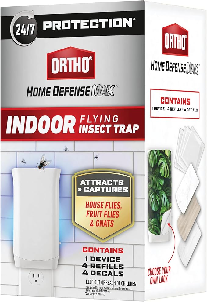 Ortho Home Defense Max Indoor Flying Insect Trap, Light Trap for House Flies, Fruit Flies, and Gnats, 1 Plug-in and 4 Refills