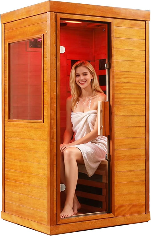 Home Infrared Dry Sauna, Mini Indoor Wooden Sauna with Red Light Therapy, Tempered Glass, 6pcs of Low EMF Carbon Heaters, Portable Sauna Box, Single Person Room: 35.4 * 27.5 * 63.3inch