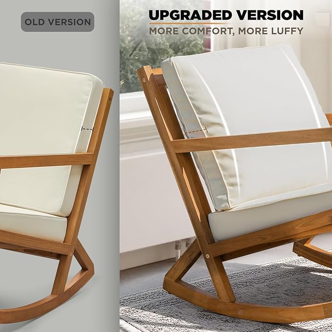 IDZO Club Rocking Chair 500lbs Capacity with Inclined Backrest, Thick Foam Cushion, Solid Acacia Wood Rocker for Patio, Backyard, Balcony, Porch