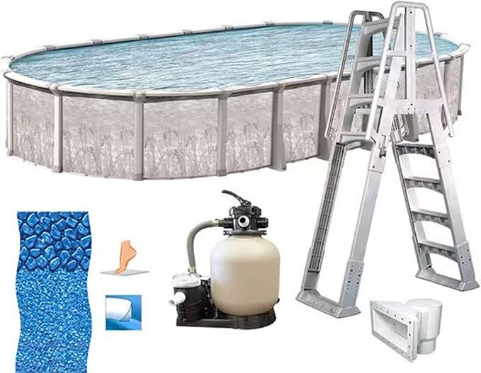 In The Swim 21' x 43' Oval Above Ground Swimming Pool - Marina Package - Featuring: Sand Filter, Pump System and A-Frame Ladder